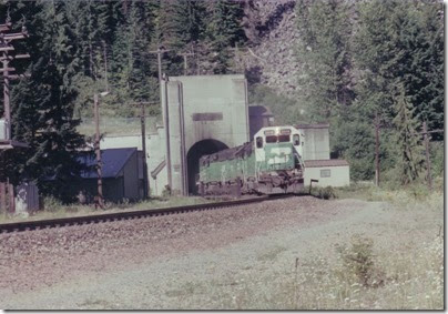 Burlington Northern GP40M #3518 emerging from the East Portal of the Cascade Tunnel at Berne, Washington in 1994