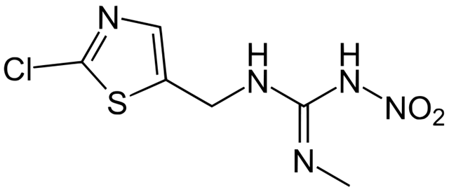 Clothianidin molecule, a Neonicotinoid insecticide. Populations of honey bees and other pollinators have declined worldwide in recent years. A variety of stressors have been implicated as potential causes, including agricultural pesticides. Neonicotinoid insecticides, which are widely used and highly toxic to honey bees, have been found in previous analyses of honey bee pollen and comb material. Yikrazuul