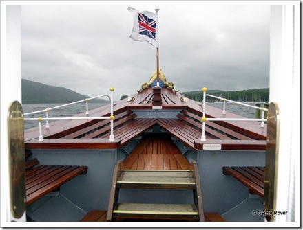 The sleek upward pointing bow of Steam Yacht 