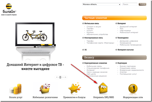 Смс на билайн через интернет