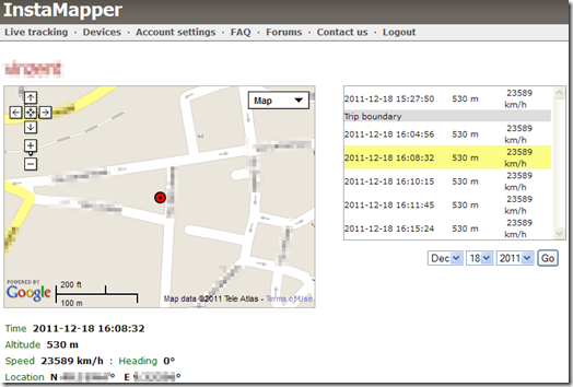 InstaMapper.com dispositivo localizzato su carta geografica Google Maps