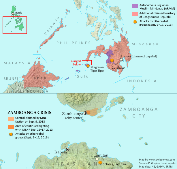 Map of territory in the Philippines and Malaysia claimed by the Bangsamoro Republik, plus territorial control by the Moro National Liberation Front (MNFL) as part of the Zamboanga crisis.
