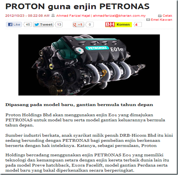 Berita Harian   PROTON guna enjin PETRONAS-125818
