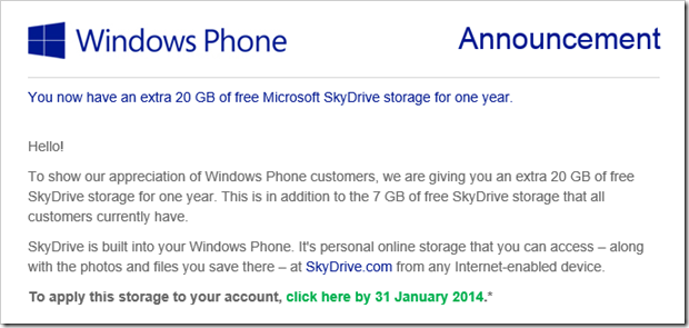 20 GB extra storage for Windows Phone users