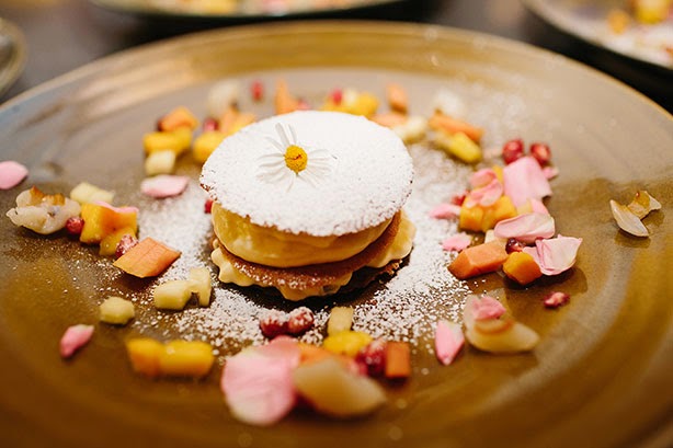 The amazing dessert of Passionfruit mascarpone on tuile with tropical fruit, prepared by Foodish using produce from Fyshwick Fresh Food Market. Served on dinner plates by Rebecca Dowling. HerCanberraDinner167.jpg