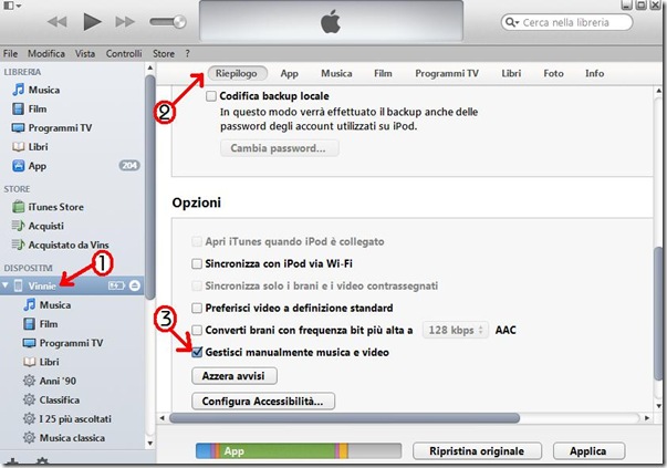 iTunes Gestisci manualmente musica e video