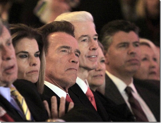 Maria Shriver, Arnold Schwarzenegger, Gray Davis, Abel Maldonado...Outgoing California Gov. Arnold Schwarzenegger second from left, and the man he replaced, former Gov. Gray Davis, third from left, listen as Gov. Jerry Brown makes remarks after he was sworn-in as the 39th Governor of California during ceremonies in Sacramento, Calif. Monday, Jan. 3, 2011.  Also seen are Schwarzenegger's wife, Maria Shriver, left, and former Lt. Gov. Abel Maldonado, right. (AP Photo/Rich Pedroncelli)