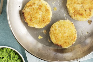 Smoked trout fish cakes with mushy peas