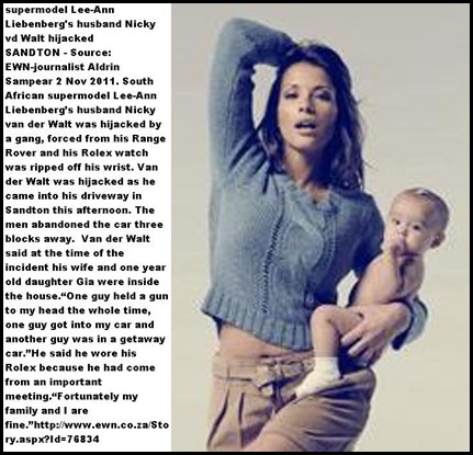 Liebenberg Lee Ann supermodel South Africa with baby girl Gia husband attacked outside their house Nov 2 2011