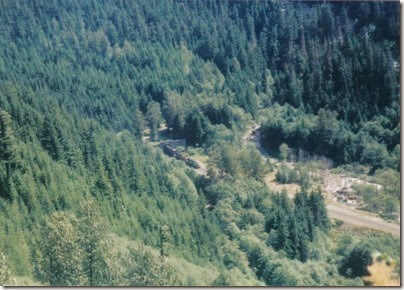 View from Windy Point on the Iron Goat Trail of BNSF Freight Train emerging from Cascade Tunnel in 1998