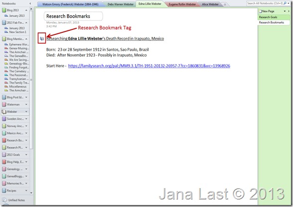 OneNote for Genealogy Research Bookmark Tag 2