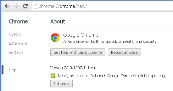 Google Chrome 22 web-based About page