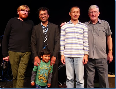 The organizers of the Concert: far left, PumpHouse Theatre Manager, David Martin, and far right Gordon Sutherland, President of the North Shore Organ and Keyboard Club. The two key players from the Concert in the middle: Ben Fernandez and Takashi Iida. Ben's son Joshua showing his pride in his dad!