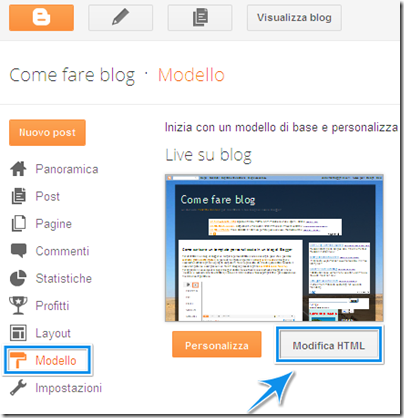 come modificare codice HTML modello template blog blogger