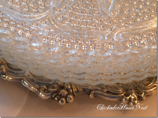 or bridal table, silver double chafing dish, vintage crystal plates, silver undertray