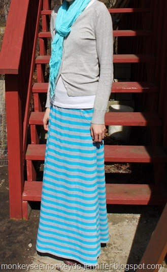 blue and gray striped maxi skirt