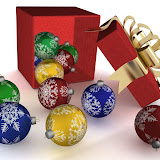 Gift box and christmas spheres. 3D image.