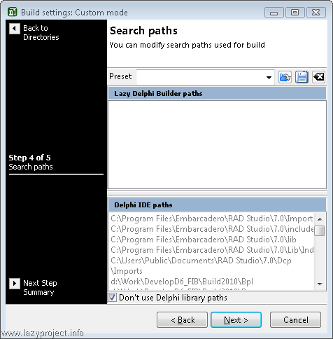 Search paths в Build dialog-е в Lazy Delphi Builder