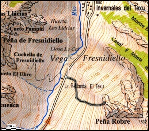 Mapa Arista Sanchez Sadia-Samper 300m 120m Rapel 6c¿ (V  A1 Oblig) (Peña Robre, Andara)