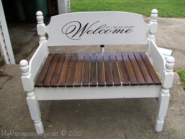 Welcome sit relax enjoy stenciled headboard bench