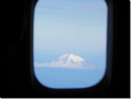 Mount Ranier framed by plane window.