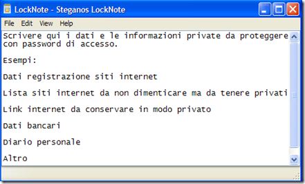 LockNote digitare informazioni personali da proteggere con password