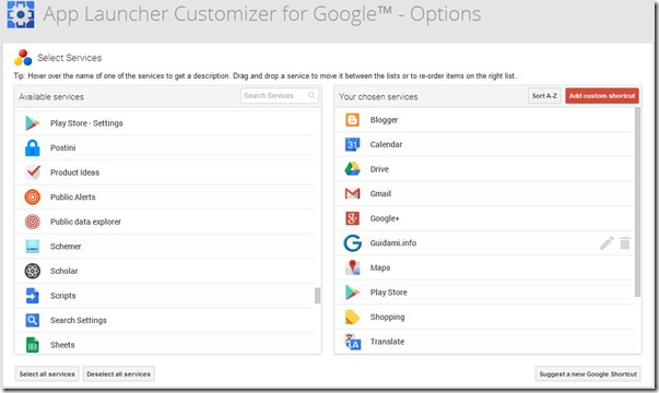 App Launcher Customizer for Google impostazioni