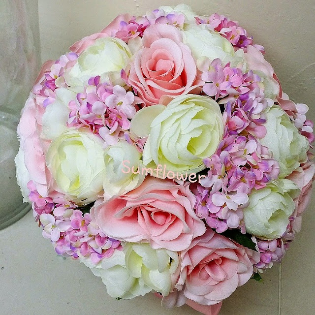 花店 SFB 035(粉小繡球) 絲花花球 結婚花球 新娘花球 粉紅色玫瑰繡球小牡丹花球 SILK FLOWER