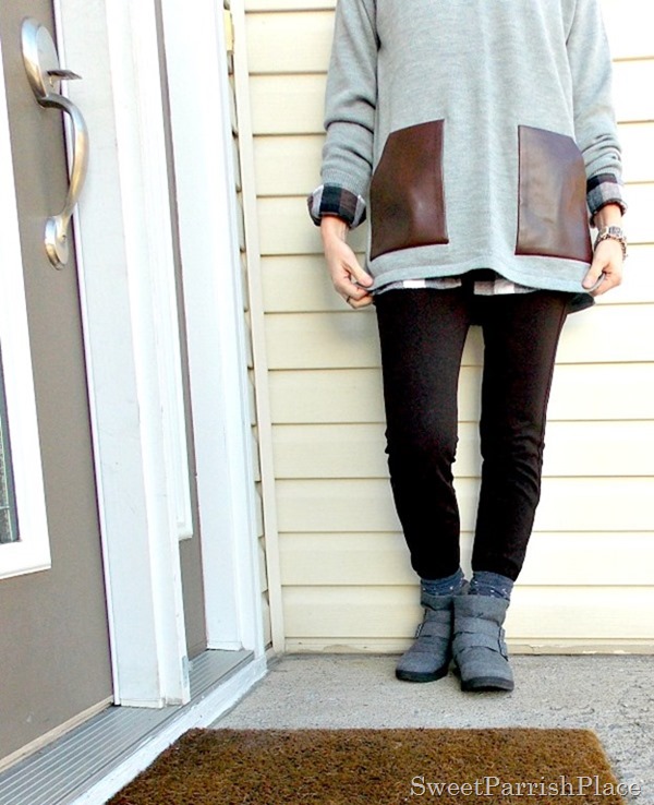 grey sweater with leather pockets and plaid shirt3