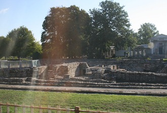 view from the bus of the roman ruins of Aquincum north of Budapest