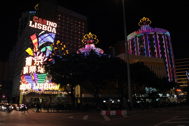 Colourful lane of casinos in Macau