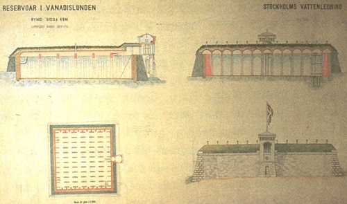 Vanadislundens gamla reservoar. Ritning 1879. Stockholm Vatten