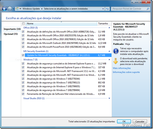 Atualizações do Windows 7: 12/02/2013 - Nota: a atualização do Visual Studio não conta