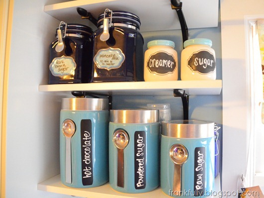 blue kitchen jars with chalkboard labels