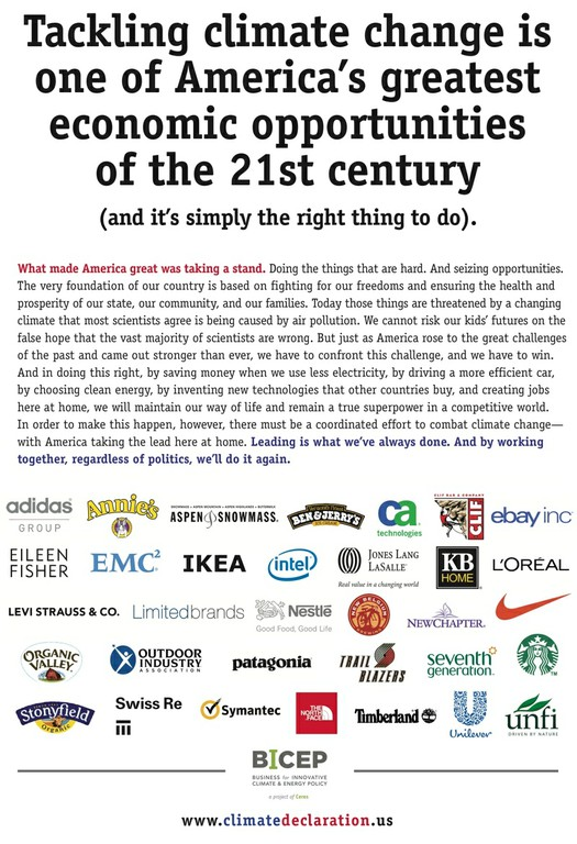 U.S. corporations sign the Ceres pledge: 'Tacking climte change is one of America's greatest economic opportunities of the 21st century (and it's simply the right thing to do).' Graphic: Ceres