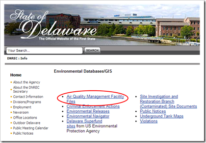 State of Delaware Environmental Databases - Air Quality Management Facility Files