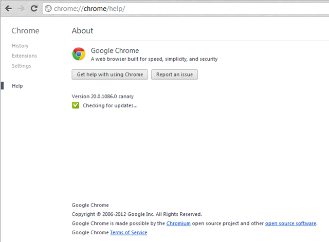Google Chrome 19 webUI About page inside Settings