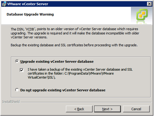 VMware vCenter Server Installer - Database Upgrade Warning