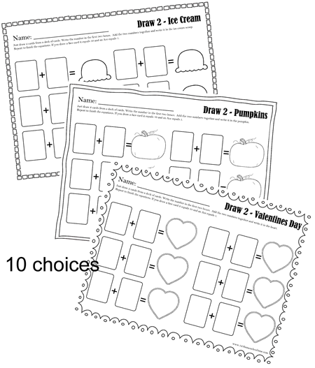 math worksheets - 10 math worksheets that change equation each time you play with the use of a deck of playing cards. math worksheets - 10 math worksheets that change equation each time you play with the use of a deck of playing cards.