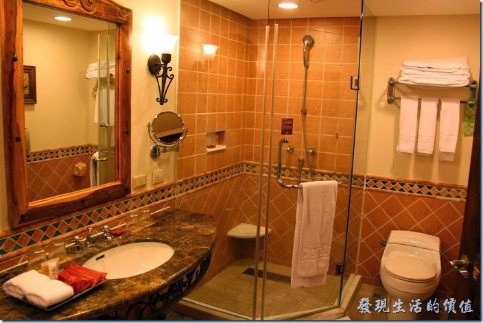 花蓮-理想大地渡假村(房間)。浴室內有乾濕分離的淋浴間，也有浴缸。