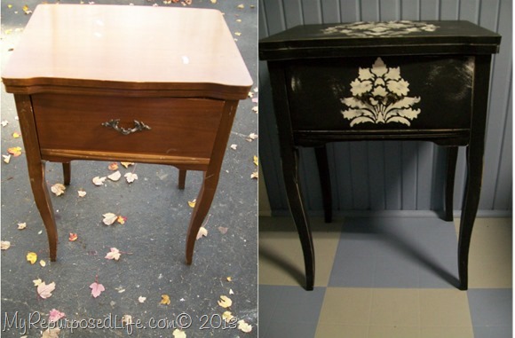 Sewing Cabinet Projects - My Repurposed Life® sewing machine cabinet curvy legs damask stencil - Sewing Cabinet Projects - My Repurposed Life®