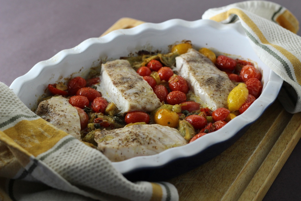 Cuisine Ici Striped Bass Roasted with Heirloom Tomatoes and Artichokes