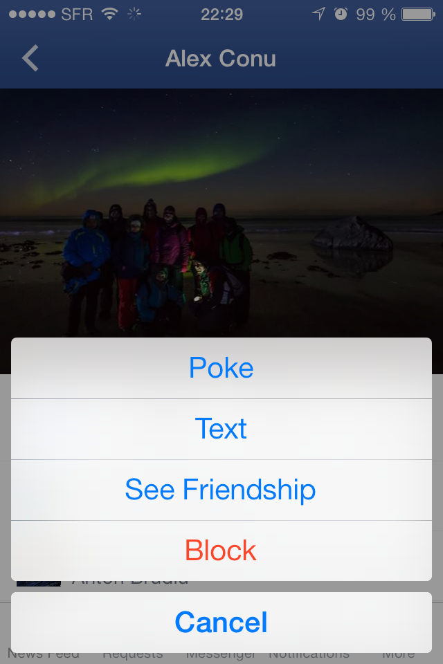 User profiles Facebook 8.0 on iOS: More menu
