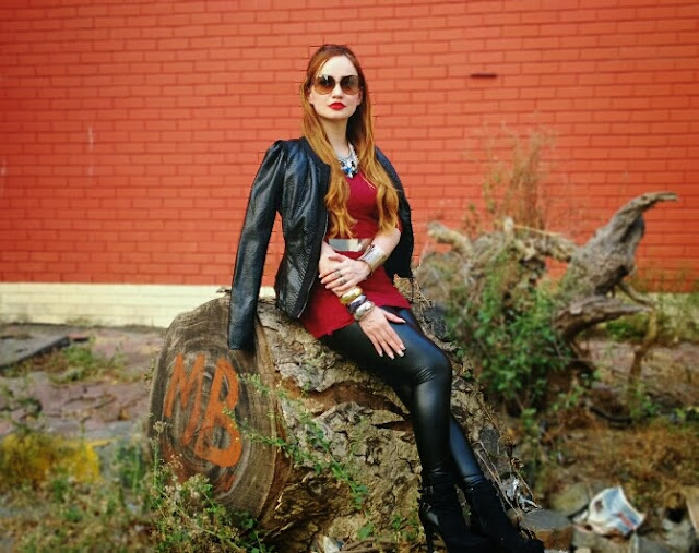 Oxblood Lace Dress, Leather Leggings & Leather Jacket