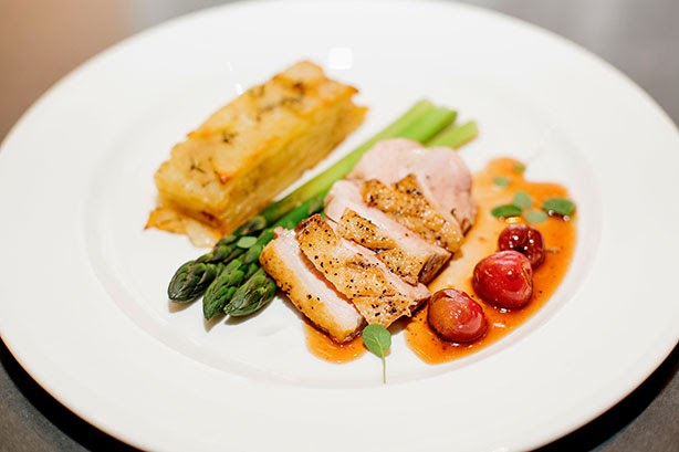 Main course: cured duck breast with cherries, potato pave, asparagus and cherry jus. Created by Foodish with produce from Fyshwick Fresh Food Market. HerCanberraDinner146.jpg