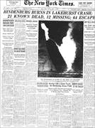 c0 New York Times front page covering the Hindenburg Disaster; May 6, 1937