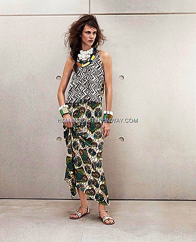 Marni H&M Long Silk Printed Dress, Colourful necklace, Flower necklace, Chunky bracelet in white and green , Silver Leather Sandals