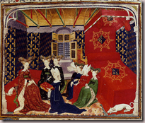 Christine de Pisan présentant ses Epîtres du Débat sur le Roman de la Rose à la reine Isabelle de Bavière (1413) British Library
