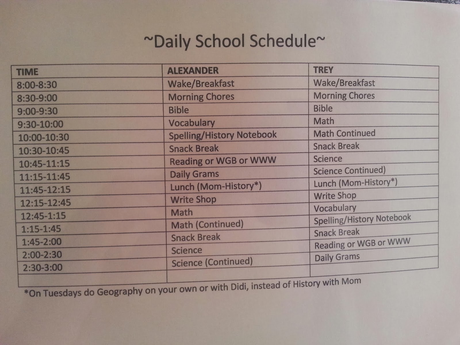 Our Learning Pursuit Daily School Schedule