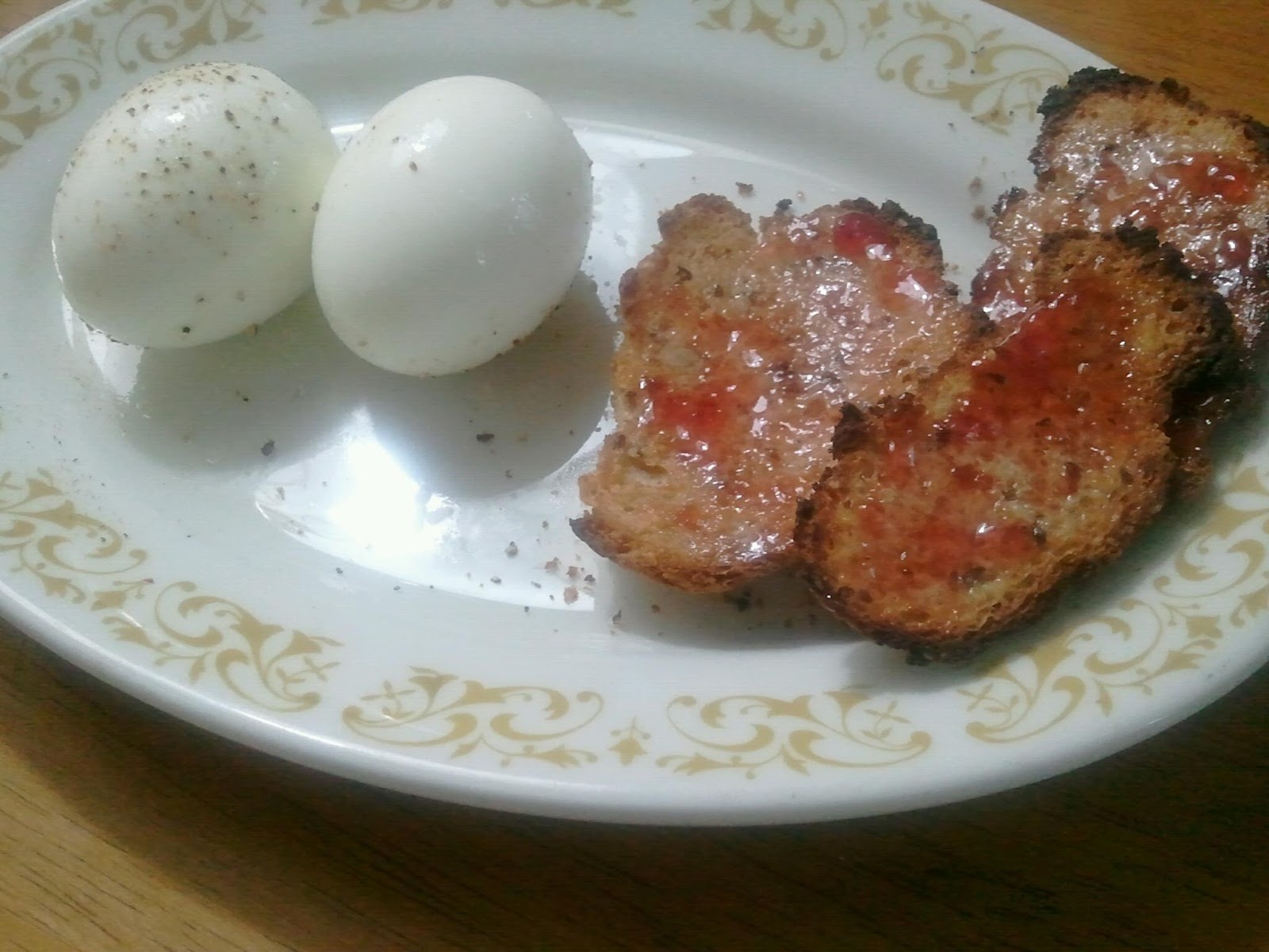 explaining the hours Hard boiled eggs, and toast with jam